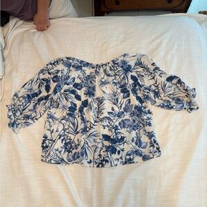 Beacon White Off/On Shoulder Blouse with Blue Floral Print